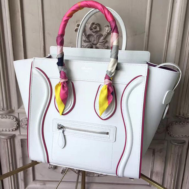 Celine Micro Luggage 26cm Bag Smooth Calfskin Pre-Fall 2017 Bag Collection White with Magenta Piping