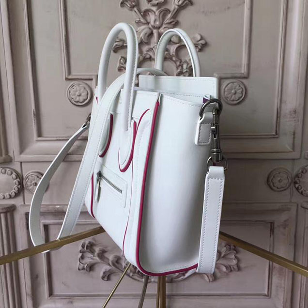 Celine Nano Luggage 20cm Bag Smooth Calfskin Pre-Fall 2017 Bag Collection White with Magenta Piping