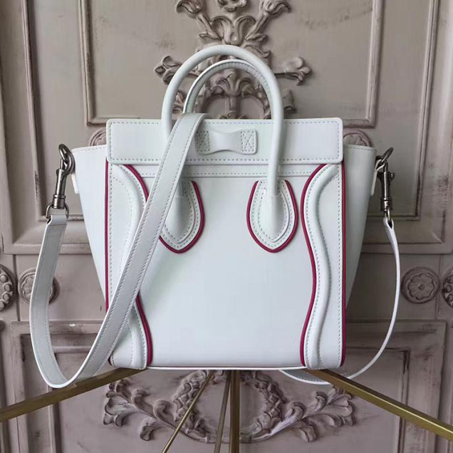 Celine Nano Luggage 20cm Bag Smooth Calfskin Pre-Fall 2017 Bag Collection White with Magenta Piping