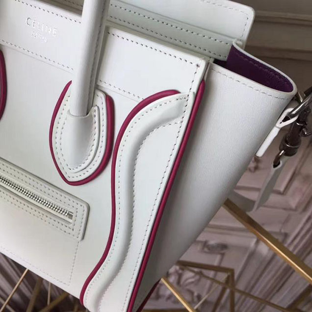 Celine Nano Luggage 20cm Bag Smooth Calfskin Pre-Fall 2017 Bag Collection White with Magenta Piping