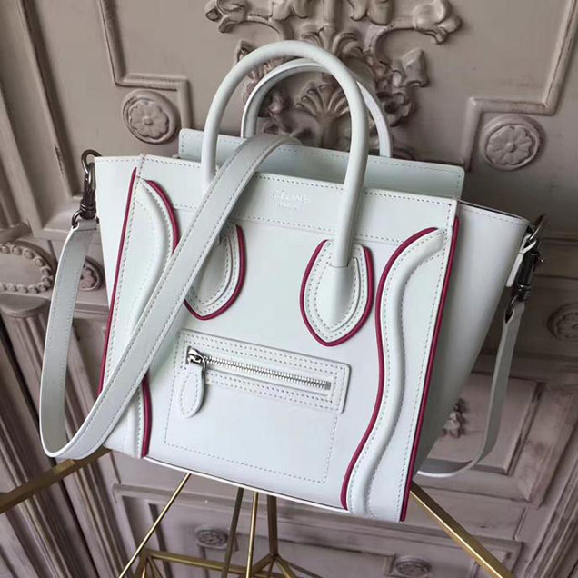 Celine Nano Luggage 20cm Bag Smooth Calfskin Pre-Fall 2017 Bag Collection White with Magenta Piping