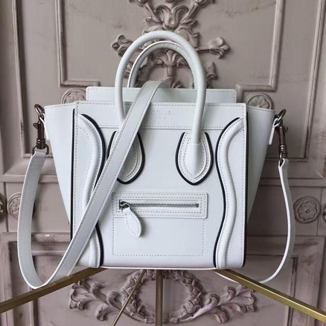 Celine Nano Luggage 20cm Bag Smooth Calfskin Pre-Fall 2017 Bag Collection White with Black Piping