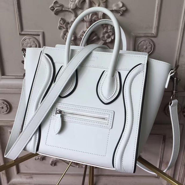 Celine Nano Luggage 20cm Bag Smooth Calfskin Pre-Fall 2017 Bag Collection White with Black Piping