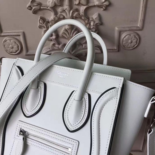 Celine Nano Luggage 20cm Bag Smooth Calfskin Pre-Fall 2017 Bag Collection White with Black Piping