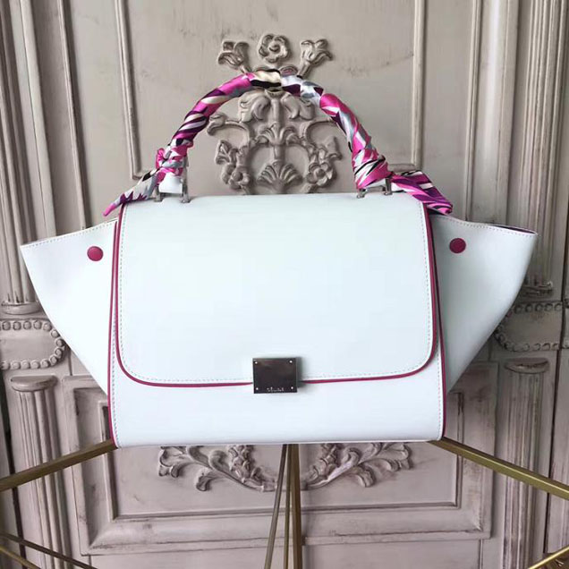 Celine Trapeze 26cm Bag Smooth Calfskin Pre-Fall 2017 Bag Collection White with Magenta Piping