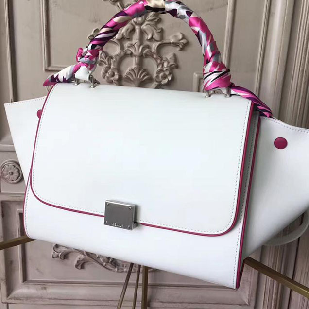 Celine Trapeze 26cm Bag Smooth Calfskin Pre-Fall 2017 Bag Collection White with Magenta Piping