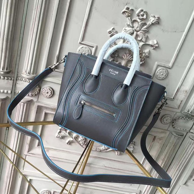 Celine Nano Luggage 20cm Debossed Luggage Bag Smooth Calfskin Pre-Fall 2017 Bag Collection Grey with Blue Piping