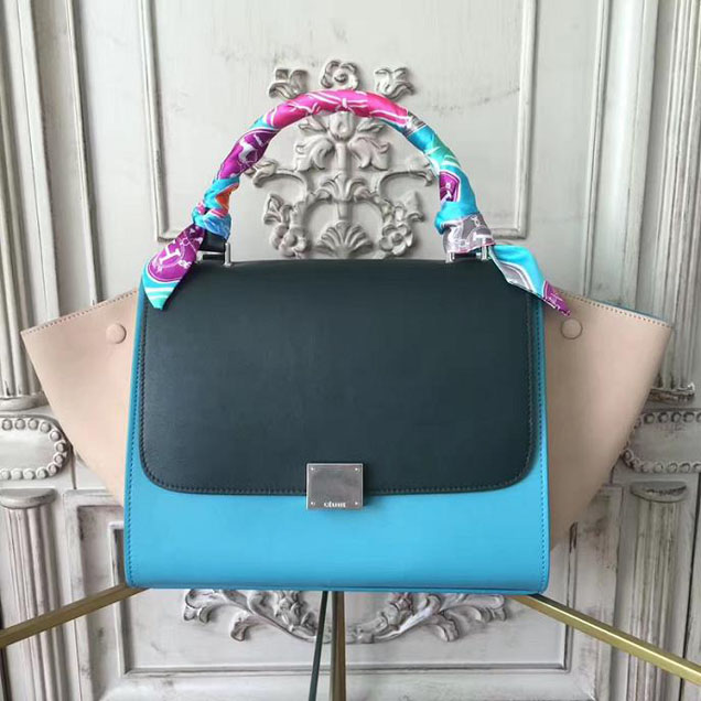 Celine Trapeze 26cm Bag Smooth Calfskin Pre-Fall 2017 Collection Turquoise Black Pale Beige