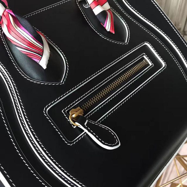 Celine Satin Micro Luggage 26cm Debossed Luggage Bag Smooth Calfskin Pre-Fall 2017 Bag Collection Black with White Piping