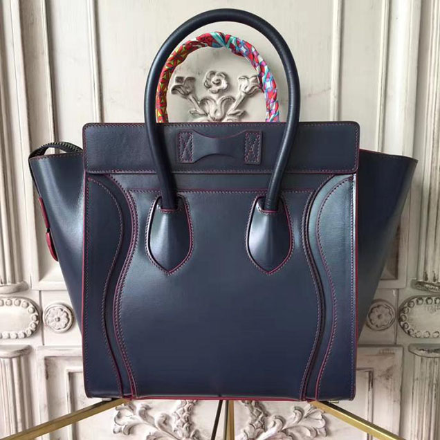 Celine Micro Luggage 26cm Bag Smooth Calfskin Spring 2017 Collection Navy with Red Piping