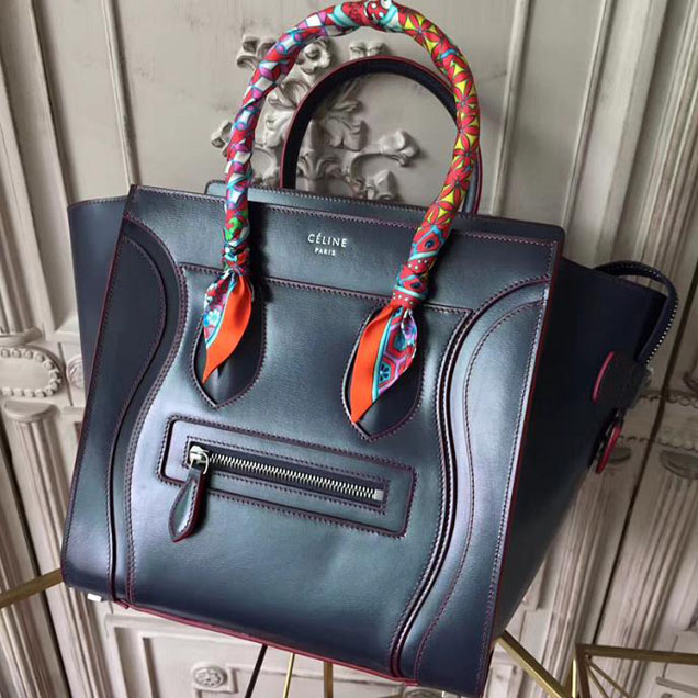 Celine Micro Luggage 26cm Bag Smooth Calfskin Spring 2017 Collection Navy with Red Piping