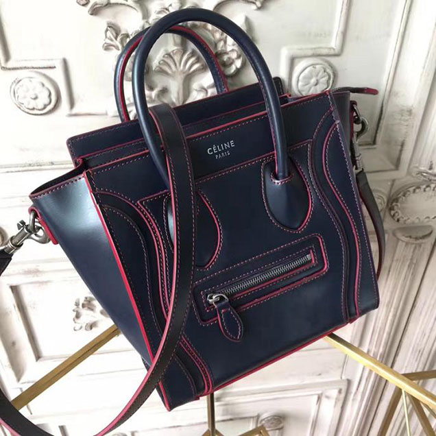 Celine Nano Luggage 20cm Bag Smooth Calfskin Spring 2017 Collection Navy with Red Piping