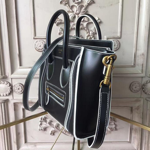 Celine Satin Nano Luggage 20cm Debossed Luggage Bag Smooth Calfskin Pre-Fall 2017 Bag Collection Black with White Piping