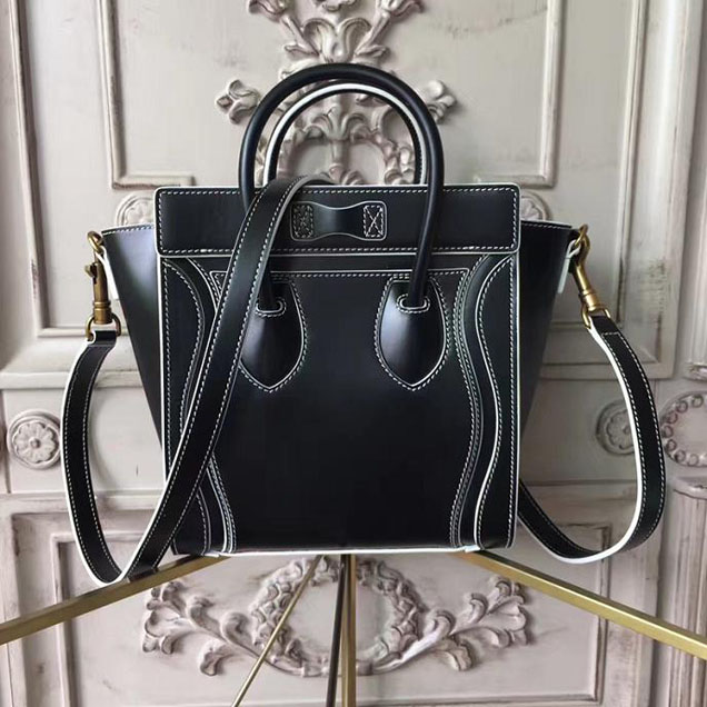 Celine Satin Nano Luggage 20cm Debossed Luggage Bag Smooth Calfskin Pre-Fall 2017 Bag Collection Black with White Piping