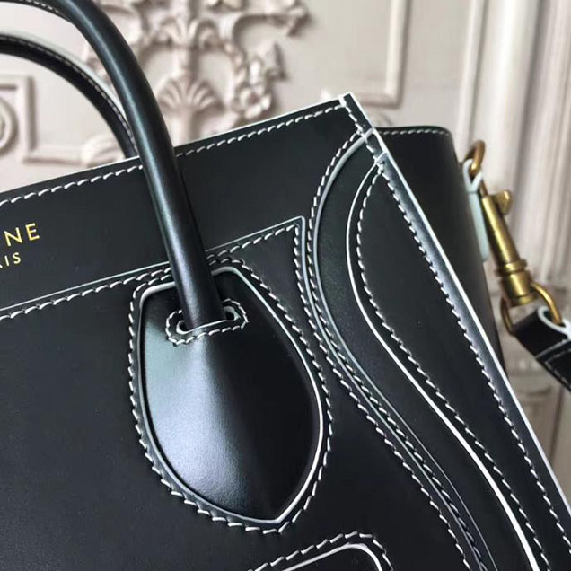 Celine Satin Nano Luggage 20cm Debossed Luggage Bag Smooth Calfskin Pre-Fall 2017 Bag Collection Black with White Piping