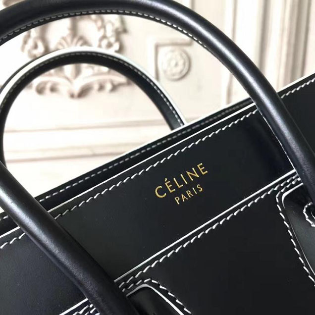Celine Satin Nano Luggage 20cm Debossed Luggage Bag Smooth Calfskin Pre-Fall 2017 Bag Collection Black with White Piping