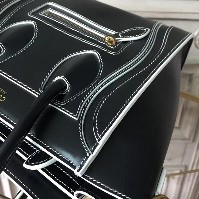 Celine Satin Nano Luggage 20cm Debossed Luggage Bag Smooth Calfskin Pre-Fall 2017 Bag Collection Black with White Piping