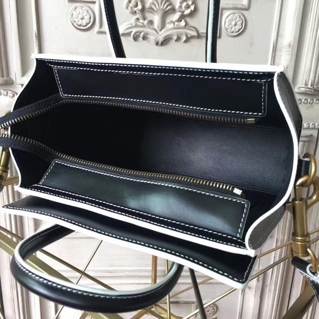 Celine Satin Nano Luggage 20cm Debossed Luggage Bag Smooth Calfskin Pre-Fall 2017 Bag Collection Black with White Piping