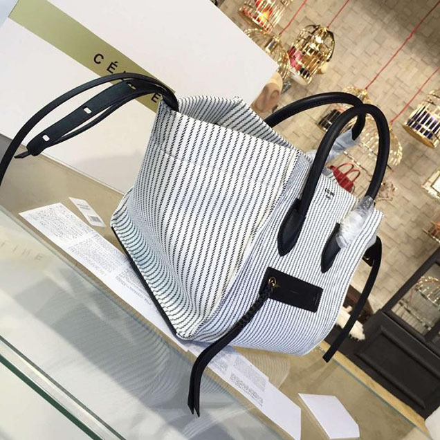 Celine Phantom Luggage Tote Canvas Textile Calfskin Leather Summer 2016 Collection White with Black
