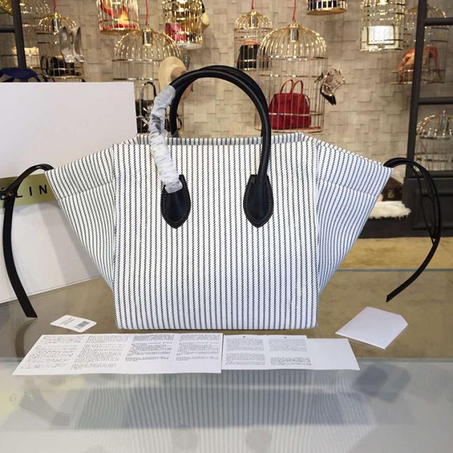 Celine Phantom Luggage Tote Canvas Textile Calfskin Leather Summer 2016 Collection White with Black