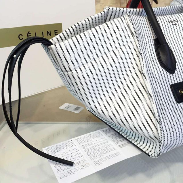 Celine Phantom Luggage Tote Canvas Textile Calfskin Leather Summer 2016 Collection White with Black