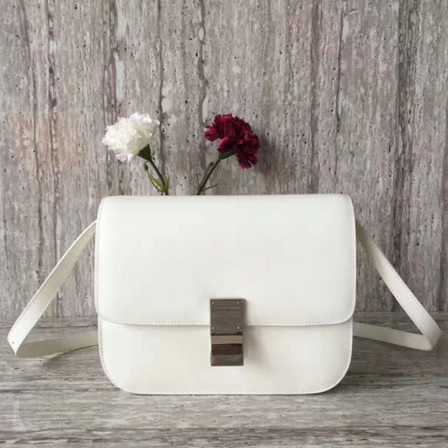 Celine Medium Classic Box Bag Silver Buckle White