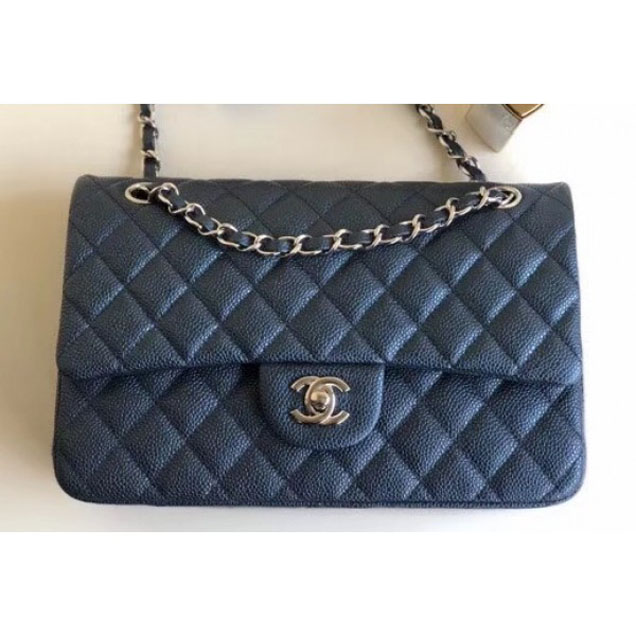 Chanel Pearl Caviar Leather Classic Flap Medium Bag Navy Blue 2018