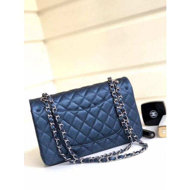 Chanel Pearl Caviar Leather Classic Flap Medium Bag Navy Blue 2018