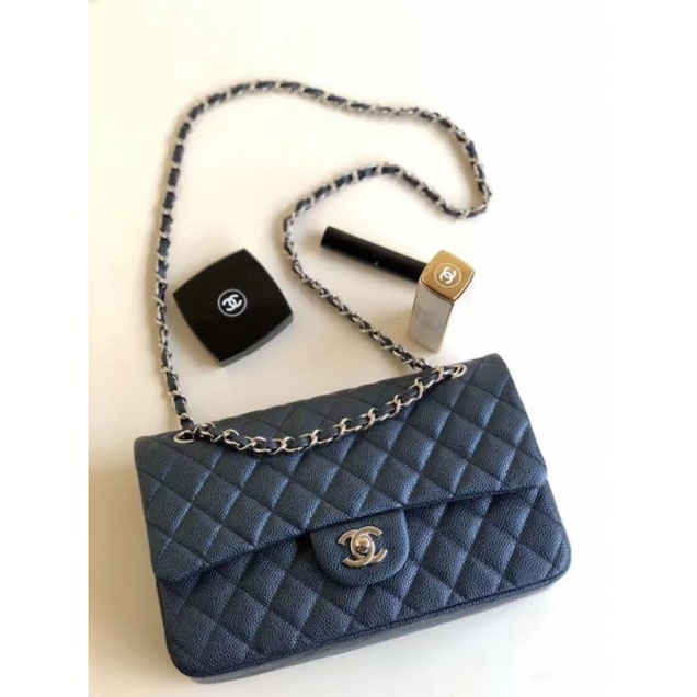 Chanel Pearl Caviar Leather Classic Flap Medium Bag Navy Blue 2018