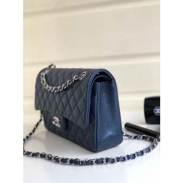 Chanel Pearl Caviar Leather Classic Flap Medium Bag Navy Blue 2018