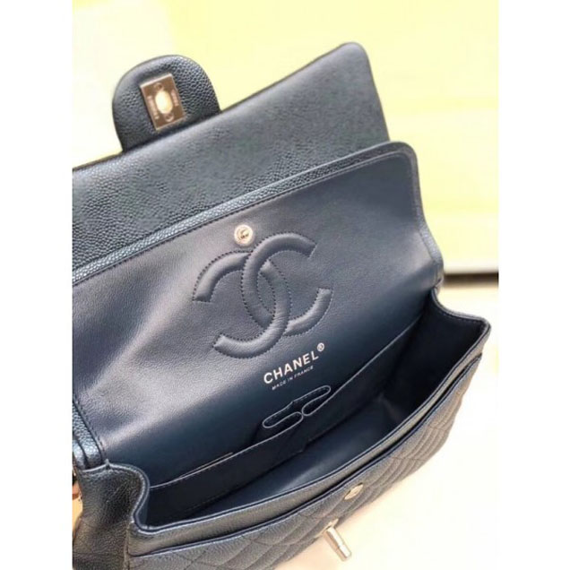 Chanel Pearl Caviar Leather Classic Flap Medium Bag Navy Blue 2018