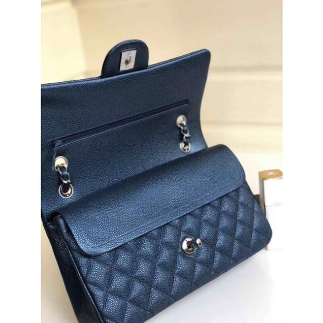 Chanel Pearl Caviar Leather Classic Flap Medium Bag Navy Blue 2018