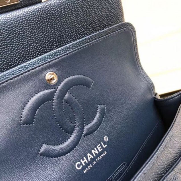 Chanel Pearl Caviar Leather Classic Flap Medium Bag Navy Blue 2018
