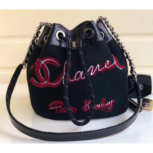 Chanel Embroidered Wool and Calfskin Drawstring Bucket Bag A57540 Black 2018