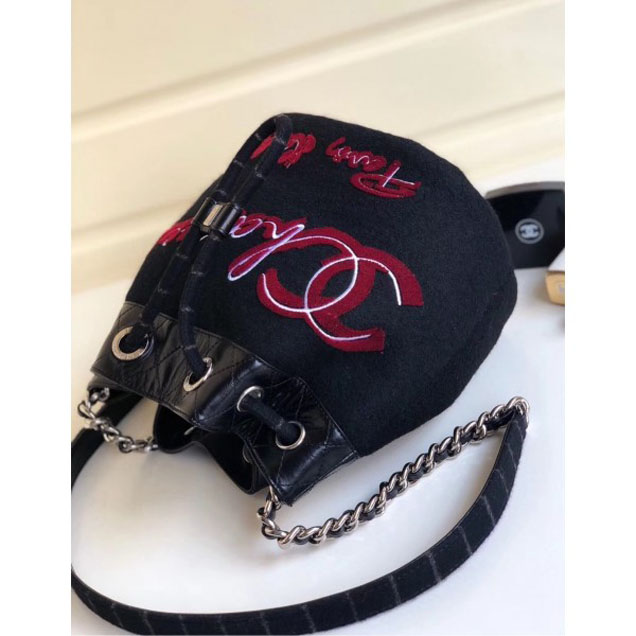 Chanel Embroidered Wool and Calfskin Drawstring Bucket Bag A57540 Black 2018