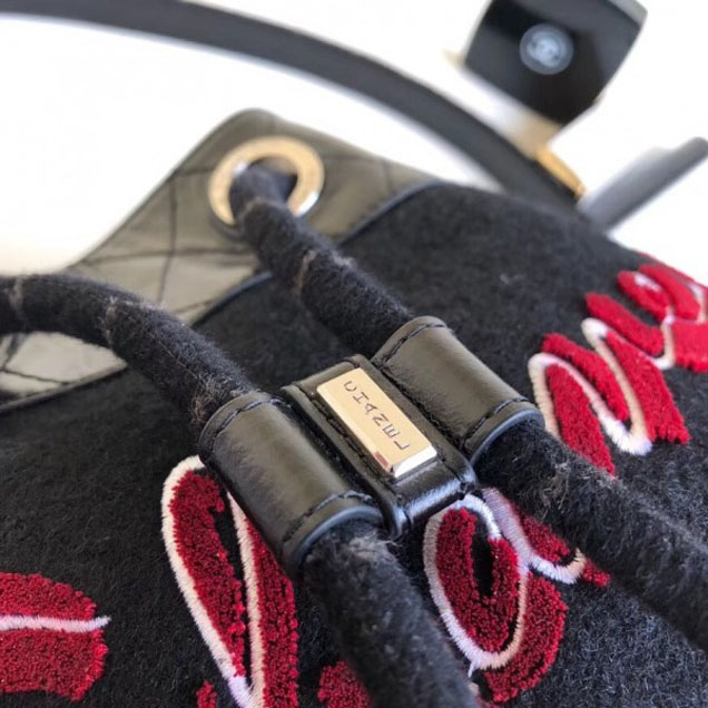 Chanel Embroidered Wool and Calfskin Drawstring Bucket Bag A57540 Black 2018