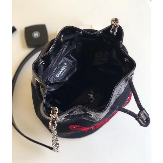 Chanel Embroidered Wool and Calfskin Drawstring Bucket Bag A57540 Black 2018
