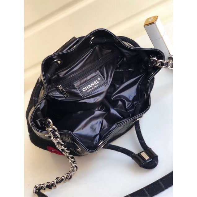 Chanel Embroidered Wool and Calfskin Drawstring Bucket Bag A57540 Black 2018