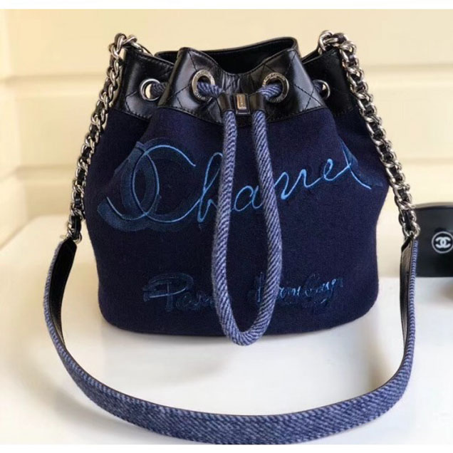 Chanel Embroidered Wool and Calfskin Drawstring Bucket Bag A57540 Navy Blue 2018