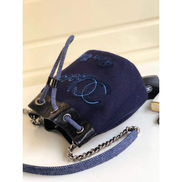 Chanel Embroidered Wool and Calfskin Drawstring Bucket Bag A57540 Navy Blue 2018