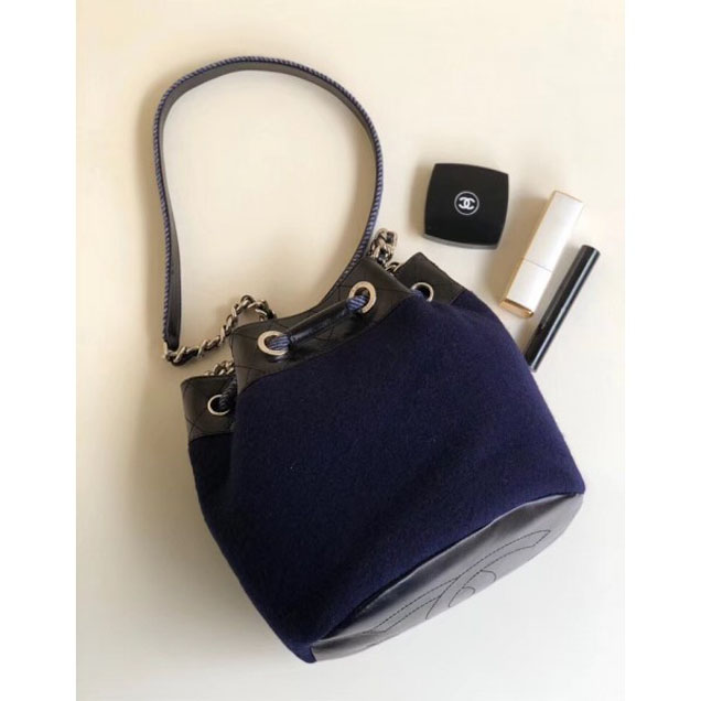 Chanel Embroidered Wool and Calfskin Drawstring Bucket Bag A57540 Navy Blue 2018
