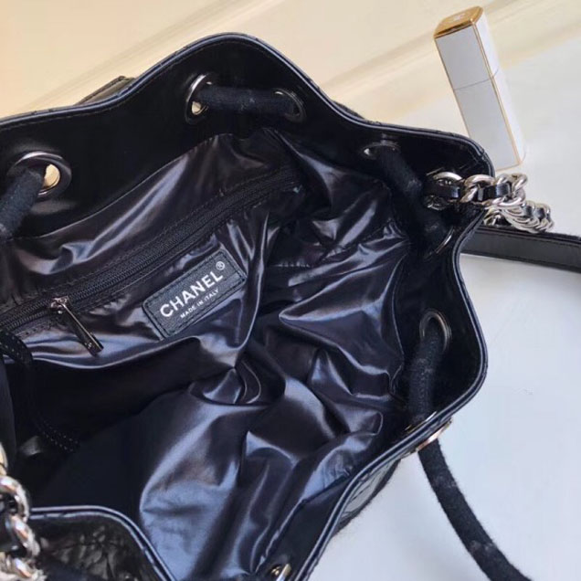 Chanel Embroidered Wool and Calfskin Drawstring Bucket Bag A57540 Navy Blue 2018