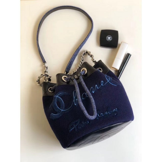 Chanel Embroidered Wool and Calfskin Drawstring Bucket Bag A57540 Navy Blue 2018