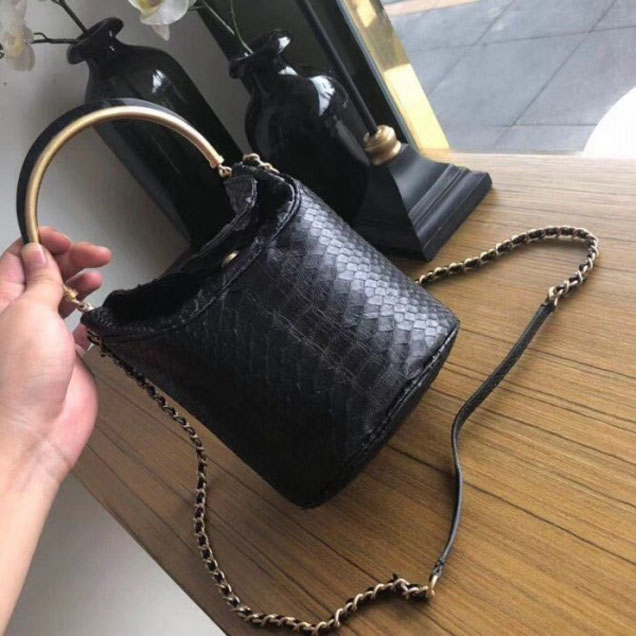 Chanel Chevron Python Handle with Chic Bucket Bag A57861 Black 2018 Collection