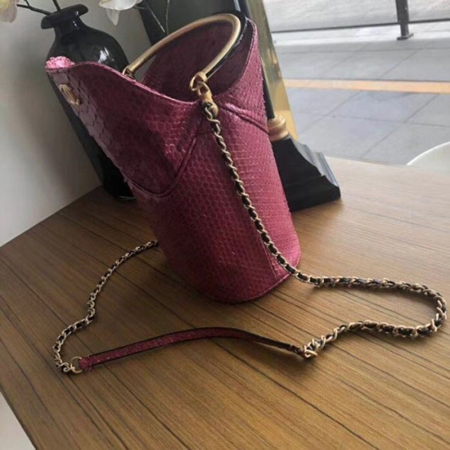 Chanel Chevron Python Handle with Chic Bucket Bag A57861 Fuchsia 2018 Collection