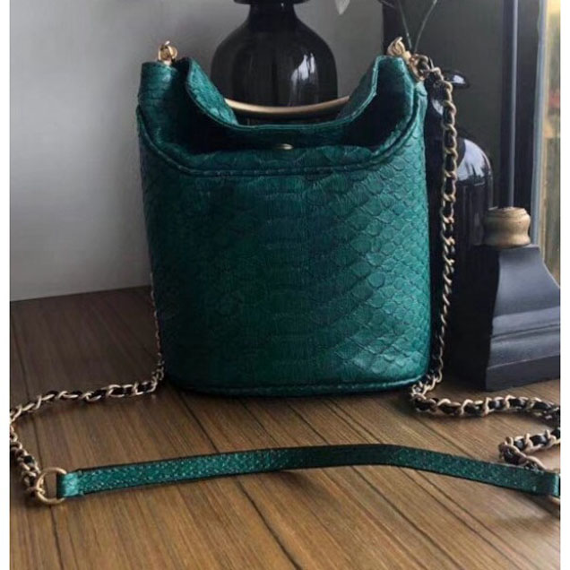 Chanel Chevron Python Handle with Chic Bucket Bag A57861 Green 2018 Collection