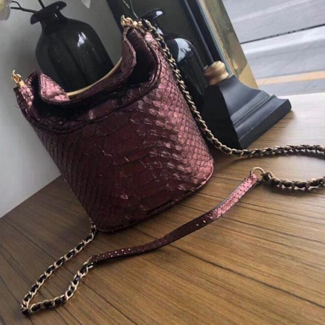 Chanel Chevron Python Handle with Chic Bucket Bag A57861 Metallic Rose 2018 Collection