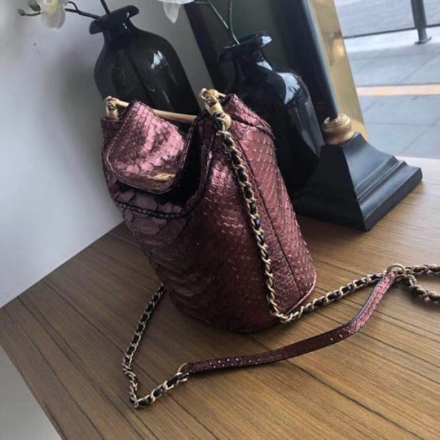 Chanel Chevron Python Handle with Chic Bucket Bag A57861 Metallic Rose 2018 Collection
