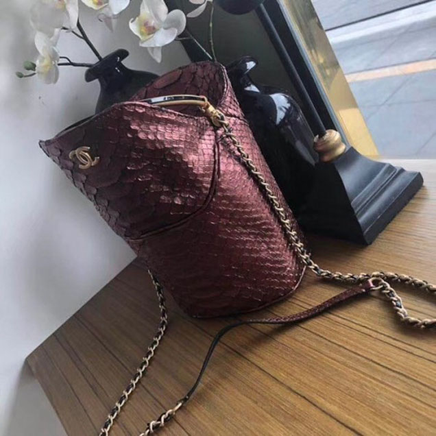 Chanel Chevron Python Handle with Chic Bucket Bag A57861 Metallic Rose 2018 Collection