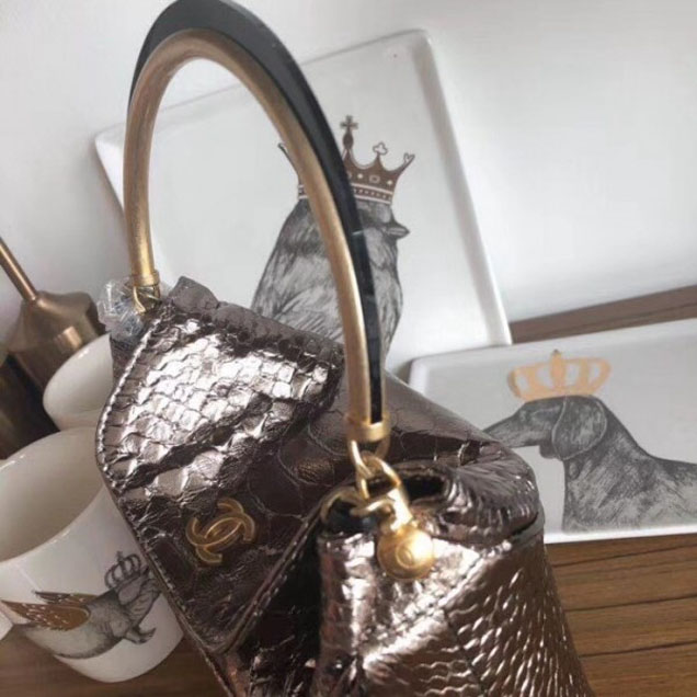 Chanel Chevron Python Handle with Chic Bucket Bag A57861 Metallic Pink Gold 2018 Collection